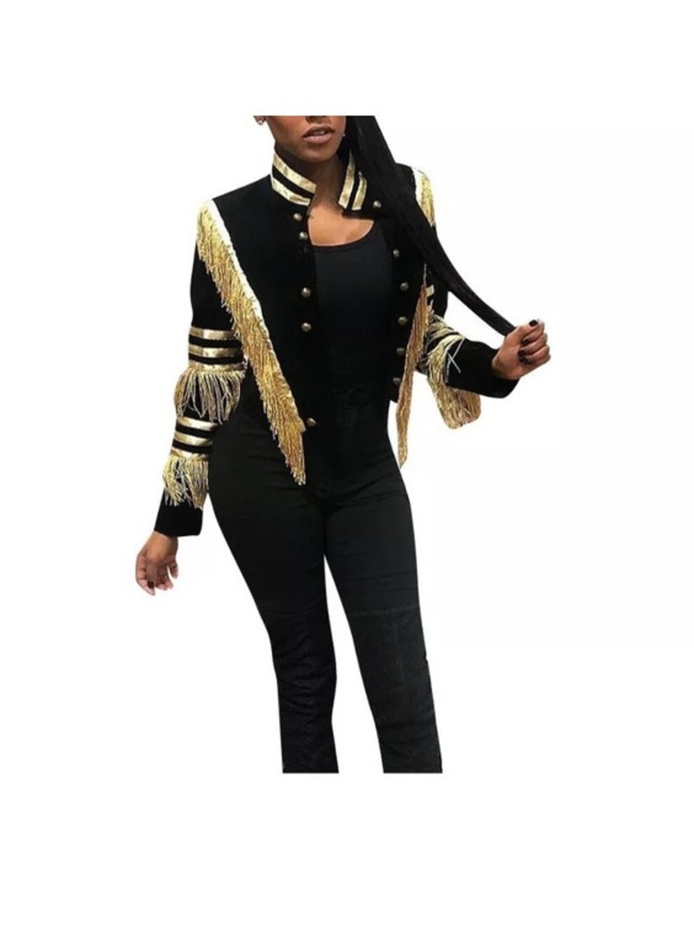 California Jacket Fringed Military-Style Cropped Blazer in Black and Gold - Picture 2 of 10